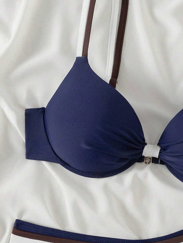Swim Basics Conjunto de biquíni feminino com bojo push-up, 2 peças/conjunto, moda praia, férias, cor sólida, moda praia, verão