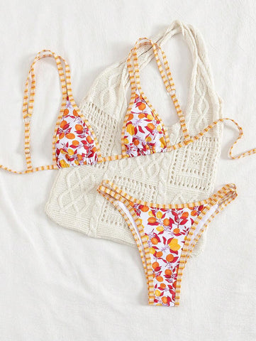 Swim Mod 2 peças/conjunto sexy fruta impressão contraste cor guarnição Fato de Banho top e alça lateral Fato de Banho parte inferior, férias de verão