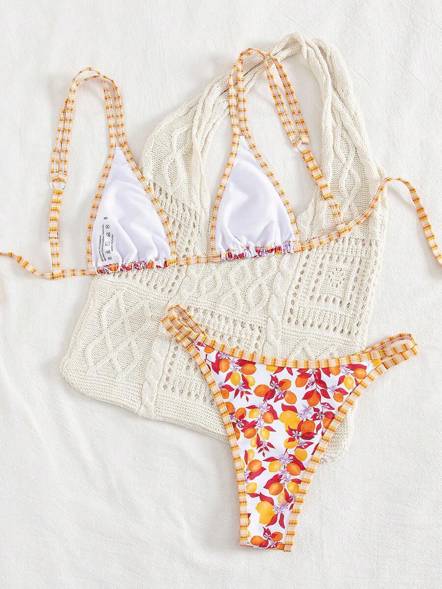 Swim Mod 2 peças/conjunto sexy fruta impressão contraste cor guarnição Fato de Banho top e alça lateral Fato de Banho parte inferior, férias de verão