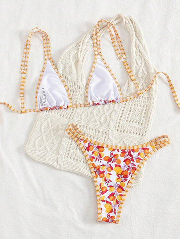 Swim Mod 2 peças/conjunto sexy fruta impressão contraste cor guarnição Fato de Banho top e alça lateral Fato de Banho parte inferior, férias de verão