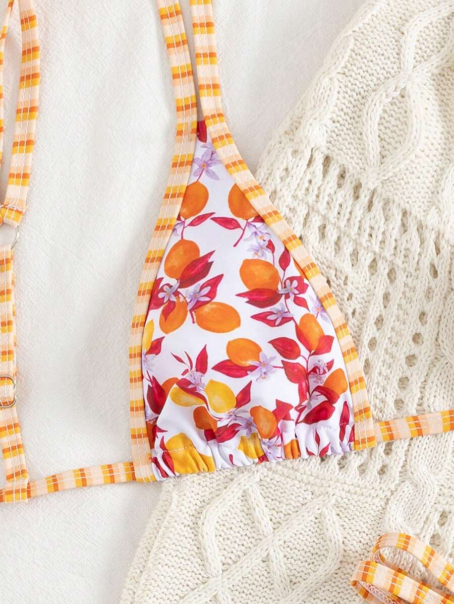 Swim Mod 2 peças/conjunto sexy fruta impressão contraste cor guarnição Fato de Banho top e alça lateral Fato de Banho parte inferior, férias de verão