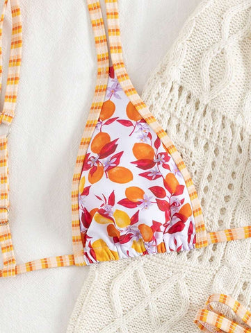 Swim Mod 2 peças/conjunto sexy fruta impressão contraste cor guarnição Fato de Banho top e alça lateral Fato de Banho parte inferior, férias de verão