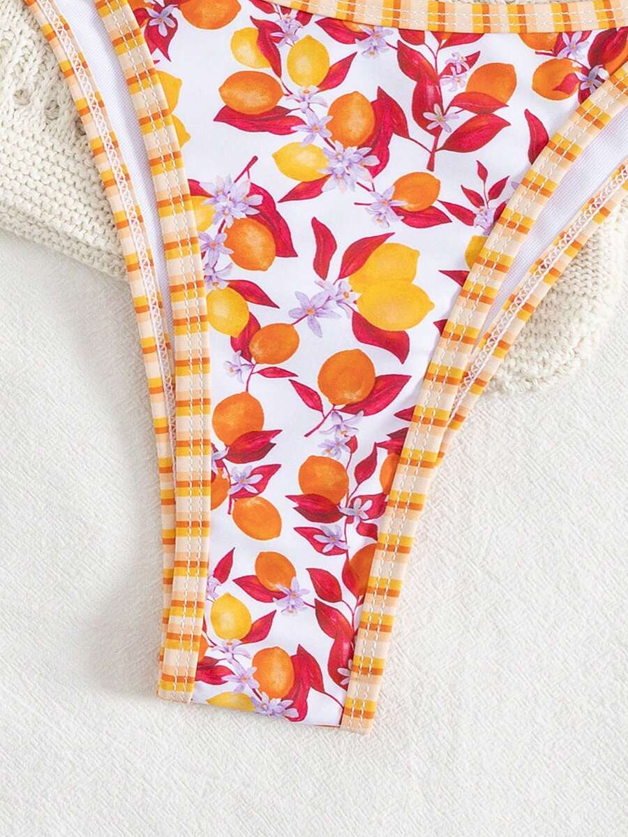 Swim Mod 2 peças/conjunto sexy fruta impressão contraste cor guarnição Fato de Banho top e alça lateral Fato de Banho parte inferior, férias de verão