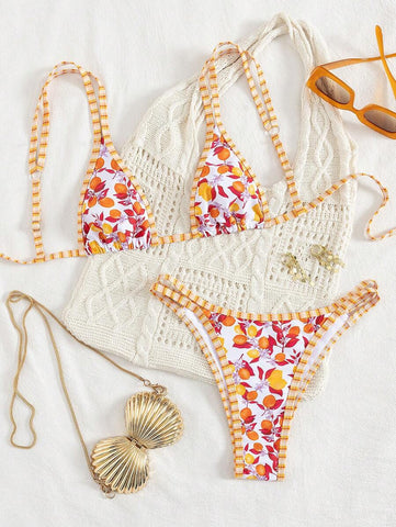 Swim Mod 2 peças/conjunto sexy fruta impressão contraste cor guarnição Fato de Banho top e alça lateral Fato de Banho parte inferior, férias de verão