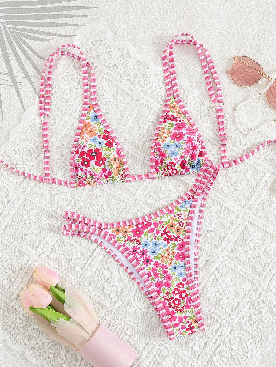 Conjunto de biquíni estilo boêmio com alças florais e costas nuas, 2 peças, moda praia para férias/feriados, primavera/verão