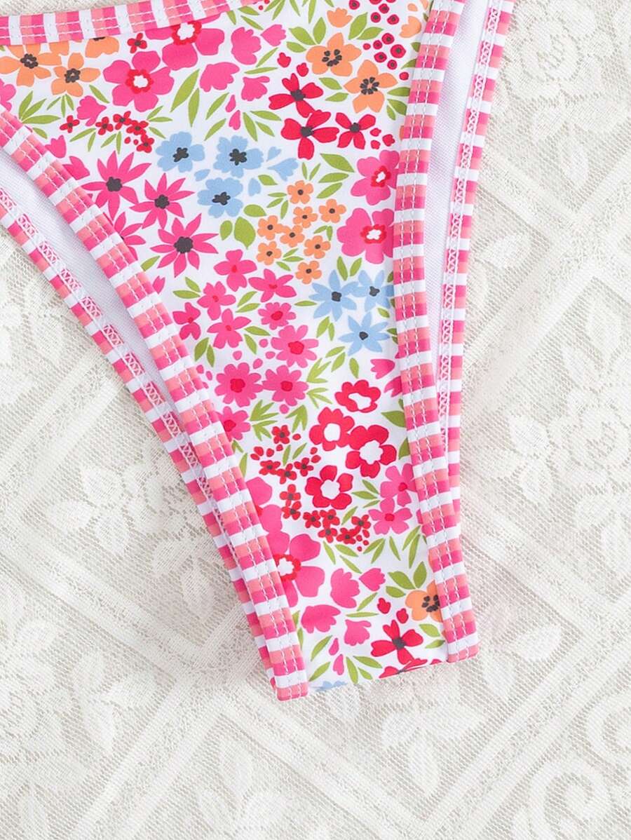 Conjunto de biquíni estilo boêmio com alças florais e costas nuas, 2 peças, moda praia para férias/feriados, primavera/verão