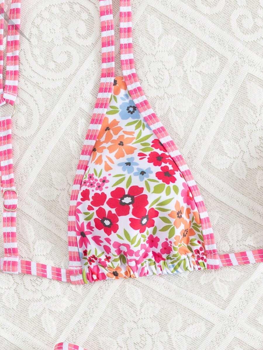 Conjunto de biquíni estilo boêmio com alças florais e costas nuas, 2 peças, moda praia para férias/feriados, primavera/verão