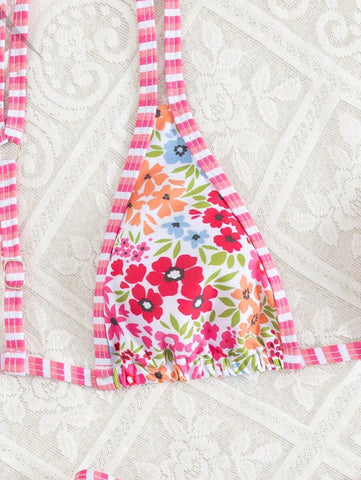 Conjunto de biquíni estilo boêmio com alças florais e costas nuas, 2 peças, moda praia para férias/feriados, primavera/verão