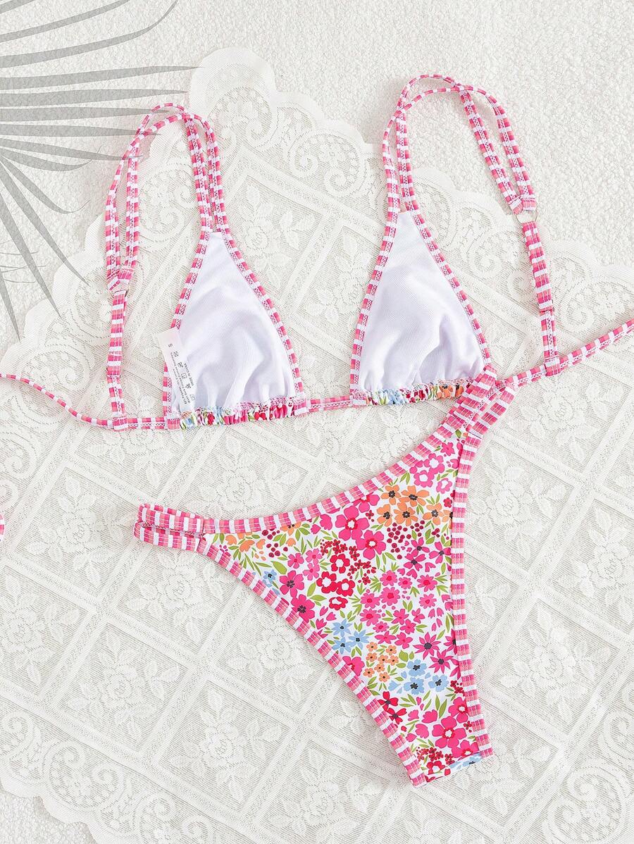 Conjunto de biquíni estilo boêmio com alças florais e costas nuas, 2 peças, moda praia para férias/feriados, primavera/verão