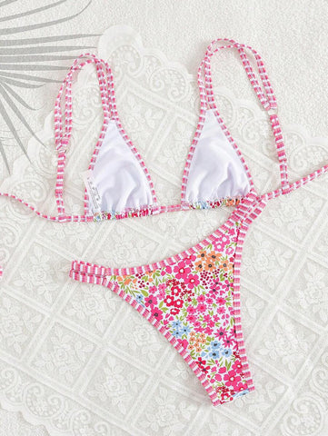 Conjunto de biquíni estilo boêmio com alças florais e costas nuas, 2 peças, moda praia para férias/feriados, primavera/verão