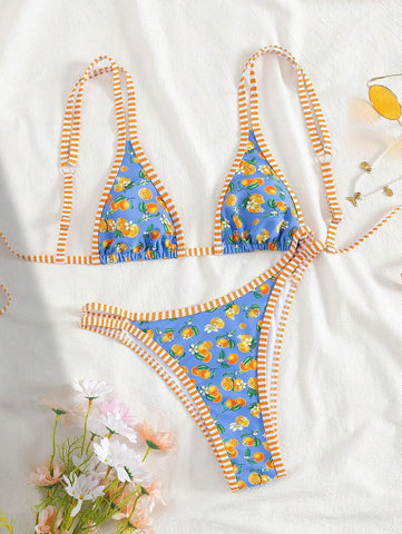 Conjunto de biquíni estilo boêmio com alças florais e costas nuas, 2 peças, moda praia para férias/feriados, primavera/verão
