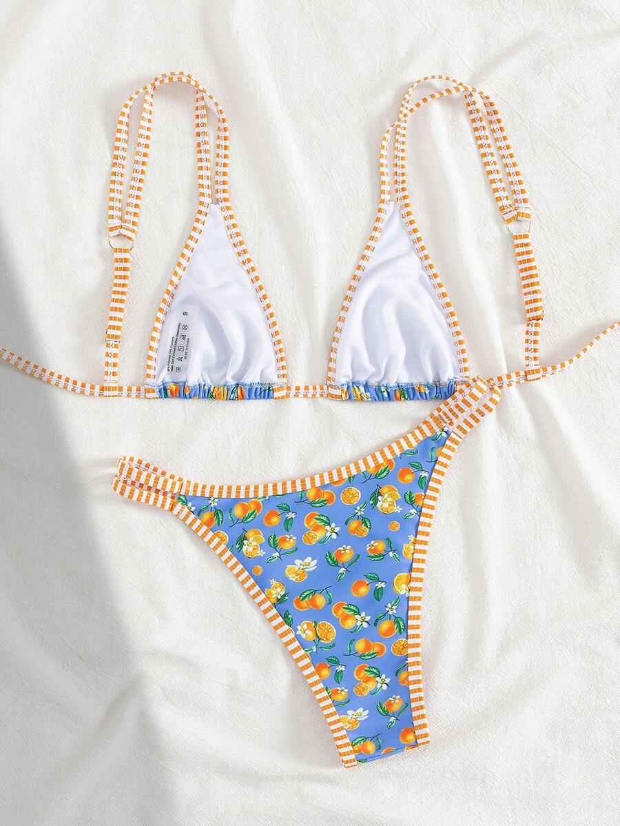 Conjunto de biquíni estilo boêmio com alças florais e costas nuas, 2 peças, moda praia para férias/feriados, primavera/verão