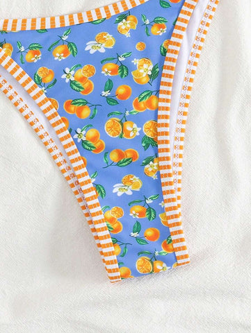 Conjunto de biquíni estilo boêmio com alças florais e costas nuas, 2 peças, moda praia para férias/feriados, primavera/verão