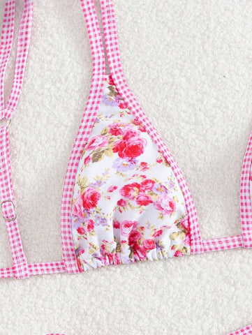 Conjunto de biquíni estilo boêmio com alças florais e costas nuas, 2 peças, moda praia para férias/feriados, primavera/verão