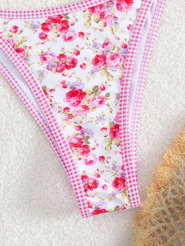 Conjunto de biquíni estilo boêmio com alças florais e costas nuas, 2 peças, moda praia para férias/feriados, primavera/verão