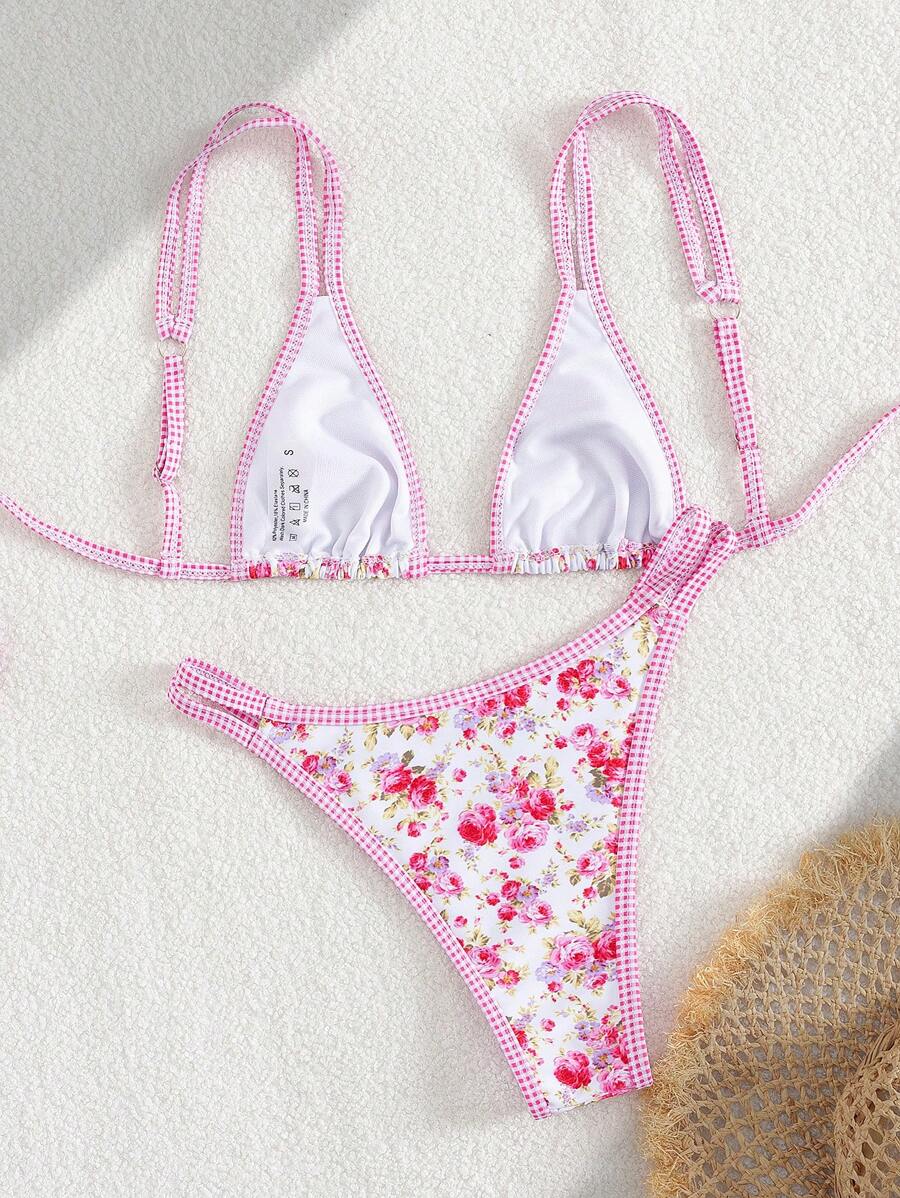 Conjunto de biquíni estilo boêmio com alças florais e costas nuas, 2 peças, moda praia para férias/feriados, primavera/verão