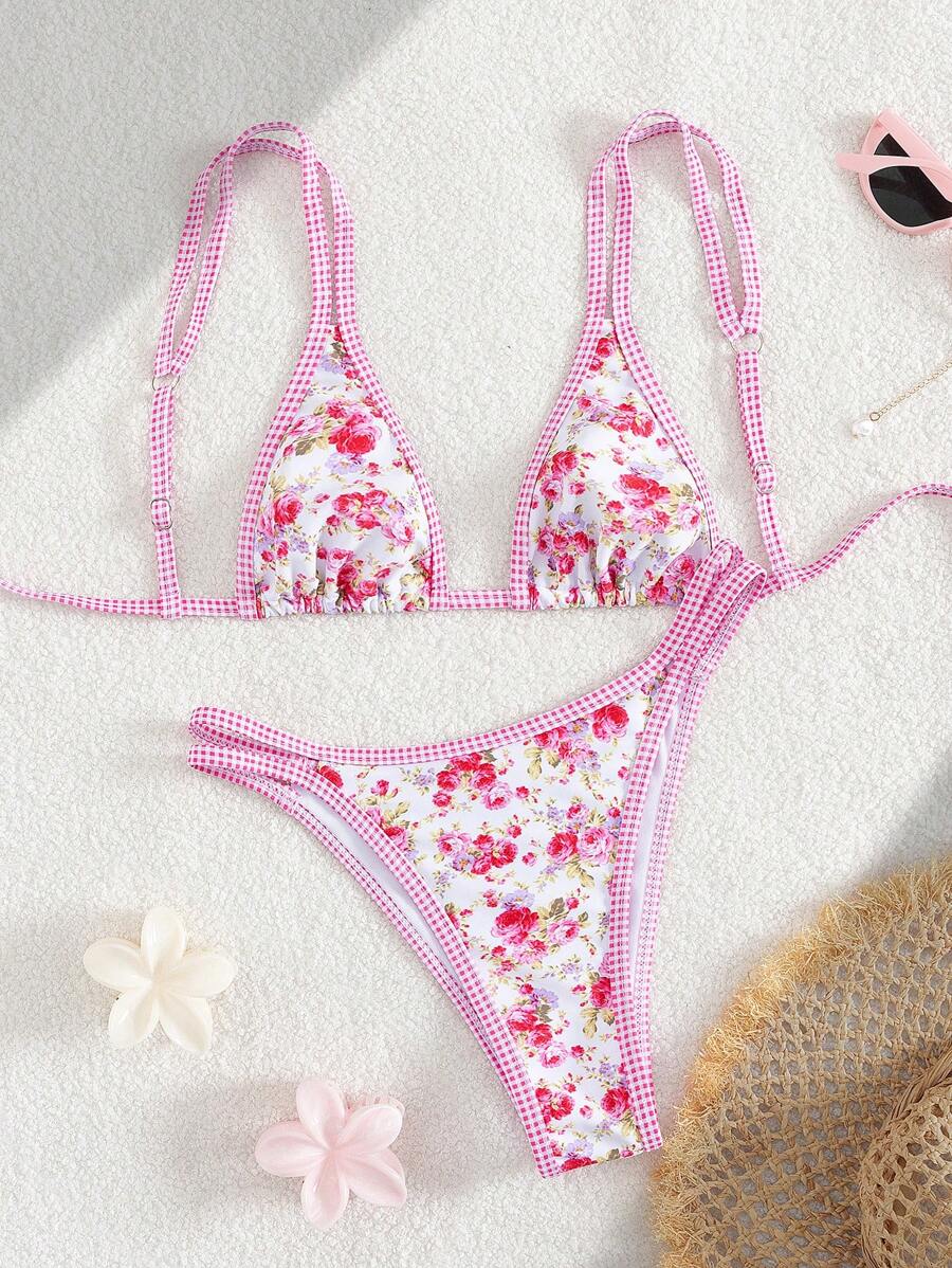 Conjunto de biquíni estilo boêmio com alças florais e costas nuas, 2 peças, moda praia para férias/feriados, primavera/verão