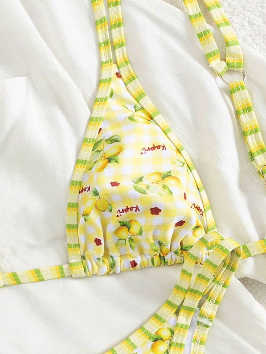 Conjunto de biquíni estilo boêmio com alças florais e costas nuas, 2 peças, moda praia para férias/feriados, primavera/verão