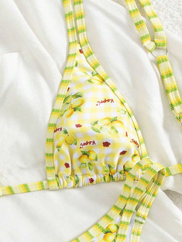 Conjunto de biquíni estilo boêmio com alças florais e costas nuas, 2 peças, moda praia para férias/feriados, primavera/verão
