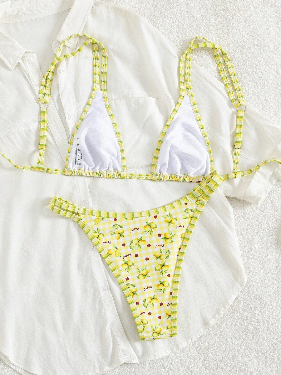 Conjunto de biquíni estilo boêmio com alças florais e costas nuas, 2 peças, moda praia para férias/feriados, primavera/verão
