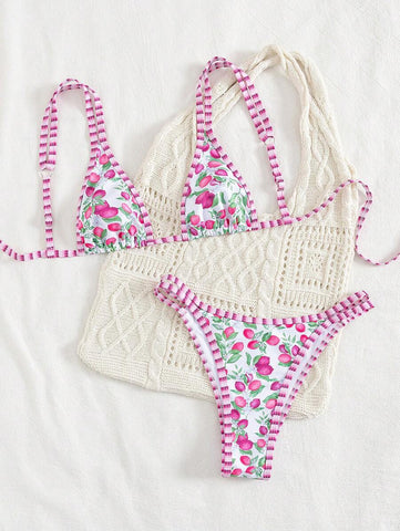 Swim Mod 2 peças/conjunto sexy fruta impressão contraste cor guarnição Fato de Banho top e alça lateral Fato de Banho parte inferior, férias de verão
