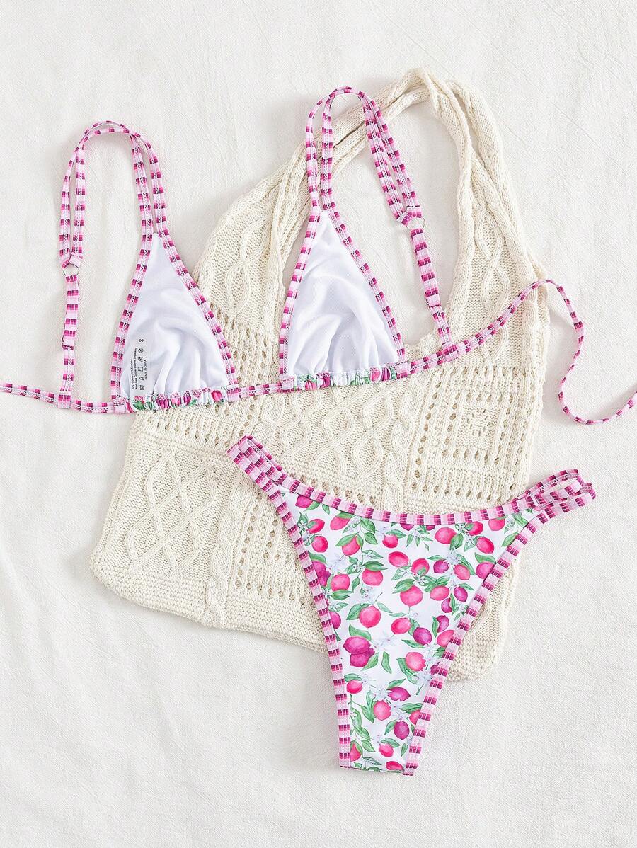 Swim Mod 2 peças/conjunto sexy fruta impressão contraste cor guarnição Fato de Banho top e alça lateral Fato de Banho parte inferior, férias de verão