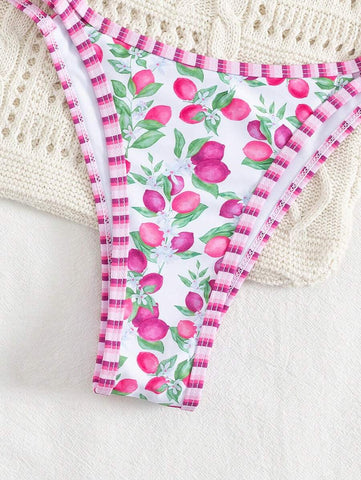 Swim Mod 2 peças/conjunto sexy fruta impressão contraste cor guarnição Fato de Banho top e alça lateral Fato de Banho parte inferior, férias de verão
