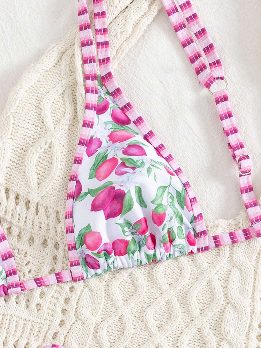 Swim Mod 2 peças/conjunto sexy fruta impressão contraste cor guarnição Fato de Banho top e alça lateral Fato de Banho parte inferior, férias de verão