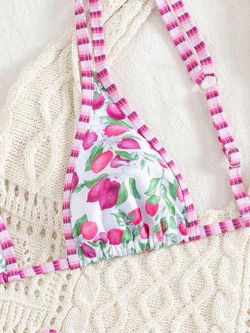 Swim Mod 2 peças/conjunto sexy fruta impressão contraste cor guarnição Fato de Banho top e alça lateral Fato de Banho parte inferior, férias de verão