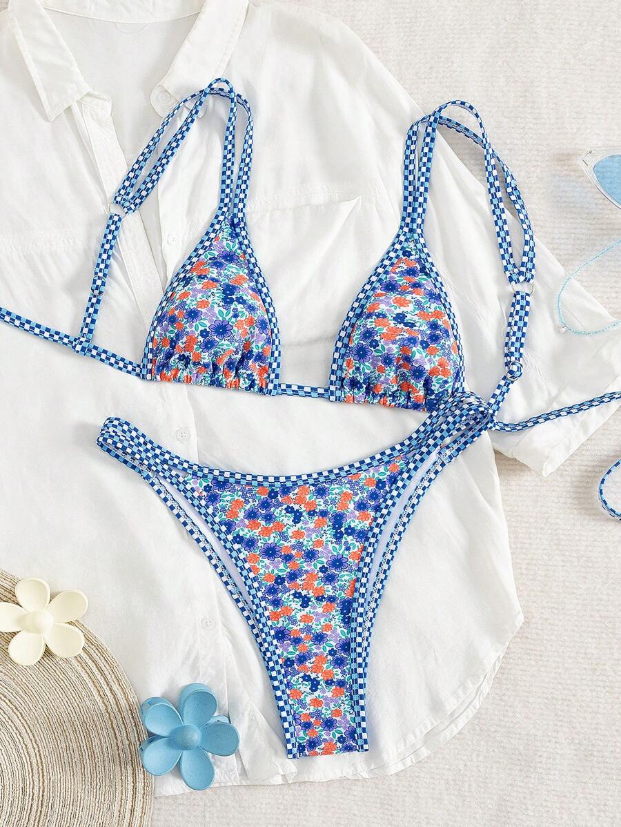 Swim Mod 2 peças/conjunto sexy fruta impressão contraste cor guarnição Fato de Banho top e alça lateral Fato de Banho parte inferior, férias de verão