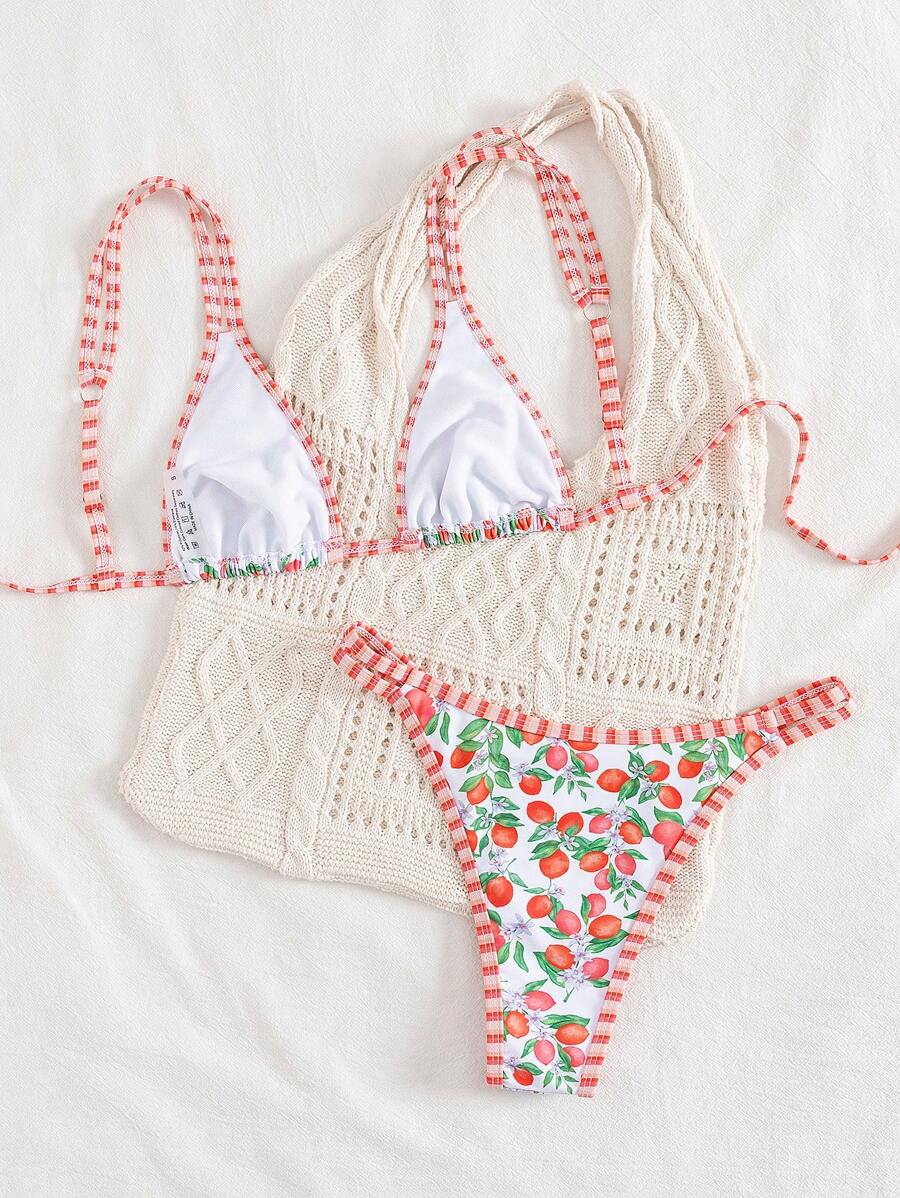 Swim Mod 2 peças/conjunto sexy fruta impressão contraste cor guarnição Fato de Banho top e alça lateral Fato de Banho parte inferior, férias de verão