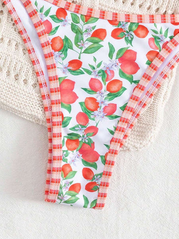 Swim Mod 2 peças/conjunto sexy fruta impressão contraste cor guarnição Fato de Banho top e alça lateral Fato de Banho parte inferior, férias de verão