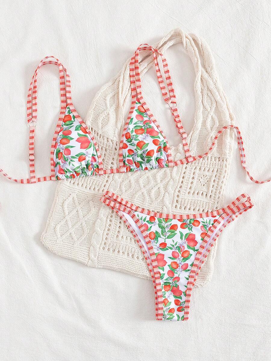 Swim Mod 2 peças/conjunto sexy fruta impressão contraste cor guarnição Fato de Banho top e alça lateral Fato de Banho parte inferior, férias de verão