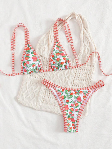 Swim Mod 2 peças/conjunto sexy fruta impressão contraste cor guarnição Fato de Banho top e alça lateral Fato de Banho parte inferior, férias de verão