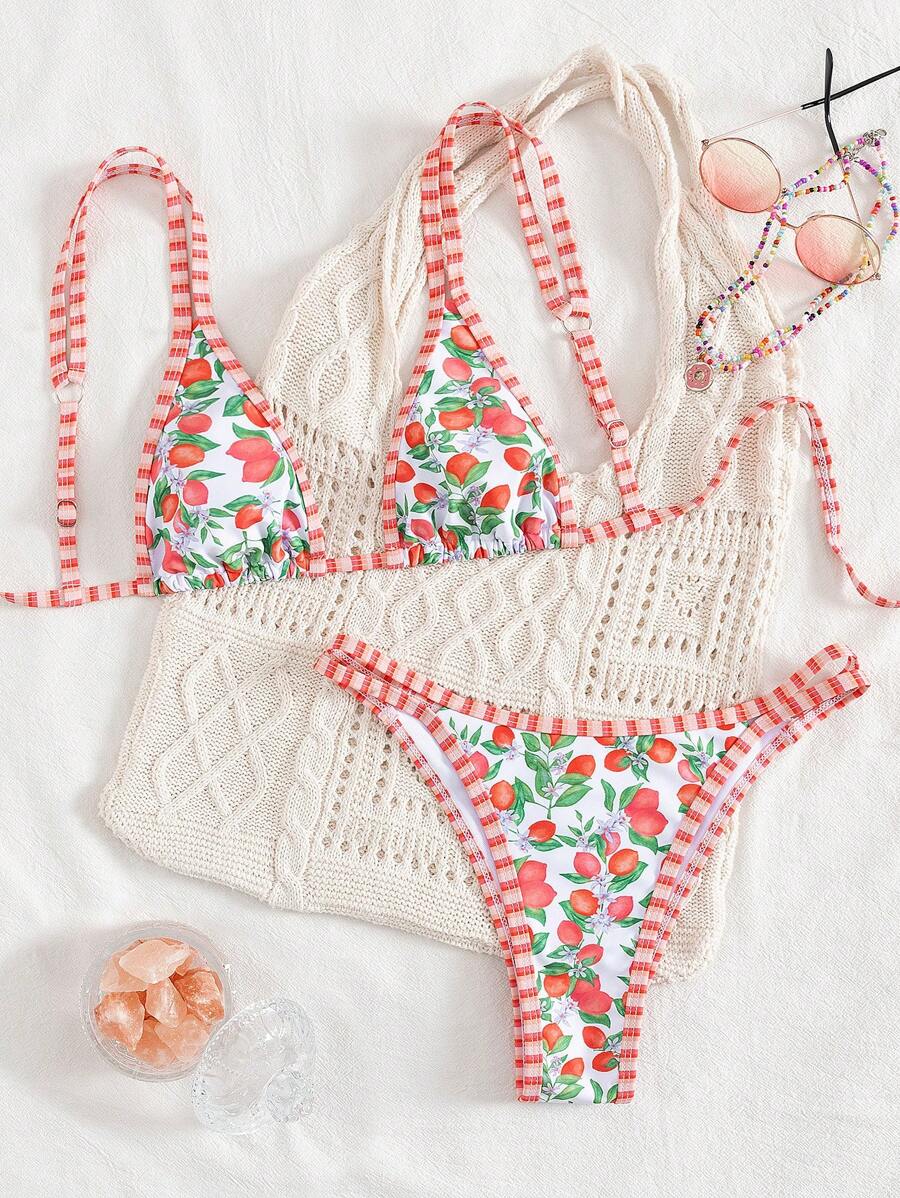 Swim Mod 2 peças/conjunto sexy fruta impressão contraste cor guarnição Fato de Banho top e alça lateral Fato de Banho parte inferior, férias de verão