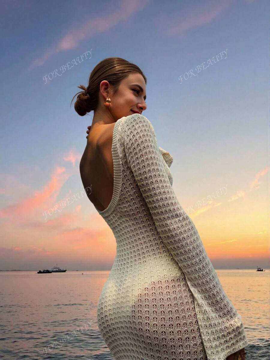 PARA BELEZA Vestido feminino primavera e verão, novo, bege, cor sólida, slim fit, sexy, sem costas, simples e atmosférico, de malha, manga comprida, lua de mel, casamento, temporada, praia, férias, estilo, transparente, vazado