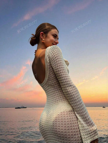 PARA BELEZA Vestido feminino primavera e verão, novo, bege, cor sólida, slim fit, sexy, sem costas, simples e atmosférico, de malha, manga comprida, lua de mel, casamento, temporada, praia, férias, estilo, transparente, vazado