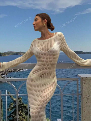 PARA BELEZA Vestido feminino primavera e verão, novo, bege, cor sólida, slim fit, sexy, sem costas, simples e atmosférico, de malha, manga comprida, lua de mel, casamento, temporada, praia, férias, estilo, transparente, vazado