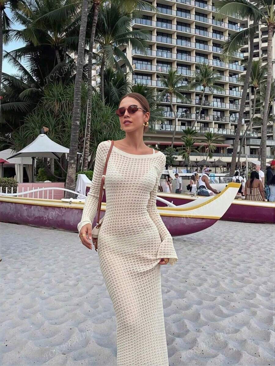 PARA BELEZA Vestido feminino primavera e verão, novo, bege, cor sólida, slim fit, sexy, sem costas, simples e atmosférico, de malha, manga comprida, lua de mel, casamento, temporada, praia, férias, estilo, transparente, vazado