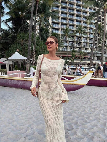 PARA BELEZA Vestido feminino primavera e verão, novo, bege, cor sólida, slim fit, sexy, sem costas, simples e atmosférico, de malha, manga comprida, lua de mel, casamento, temporada, praia, férias, estilo, transparente, vazado