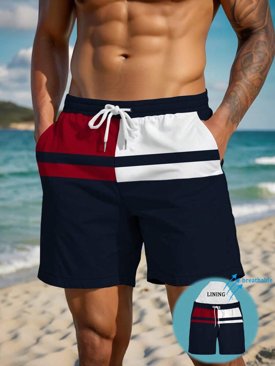 Shorts masculinos de verão com estampa de verão, cordão na cintura, bolso lateral, estilo havaiano, secagem rápida, forro de malha dupla, estampa de arte 3D em cores contrastantes, moda praia casual e elegante, sunga