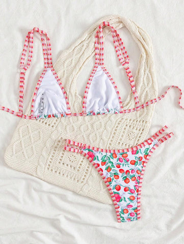 Conjunto de biquíni estilo boêmio com alças florais e costas nuas, 2 peças, moda praia para férias/feriados, primavera/verão