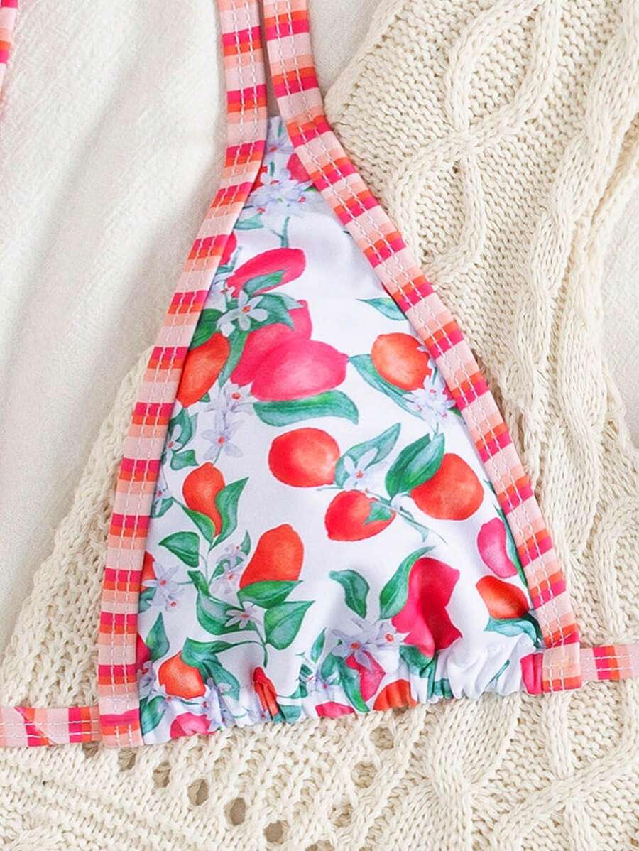 Conjunto de biquíni estilo boêmio com alças florais e costas nuas, 2 peças, moda praia para férias/feriados, primavera/verão