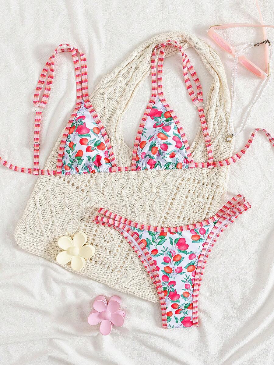 Conjunto de biquíni estilo boêmio com alças florais e costas nuas, 2 peças, moda praia para férias/feriados, primavera/verão