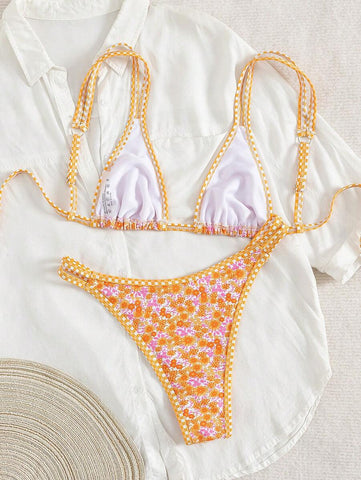 Swim Mod 2 peças/conjunto sexy fruta impressão contraste cor guarnição Fato de Banho top e alça lateral Fato de Banho parte inferior, férias de verão