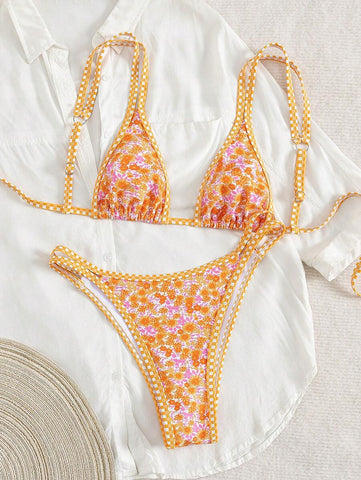 Swim Mod 2 peças/conjunto sexy fruta impressão contraste cor guarnição Fato de Banho top e alça lateral Fato de Banho parte inferior, férias de verão