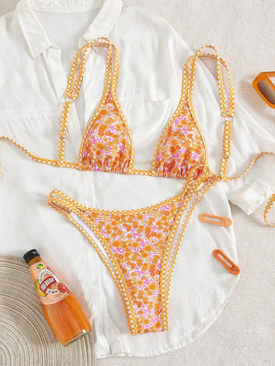 Swim Mod 2 peças/conjunto sexy fruta impressão contraste cor guarnição Fato de Banho top e alça lateral Fato de Banho parte inferior, férias de verão