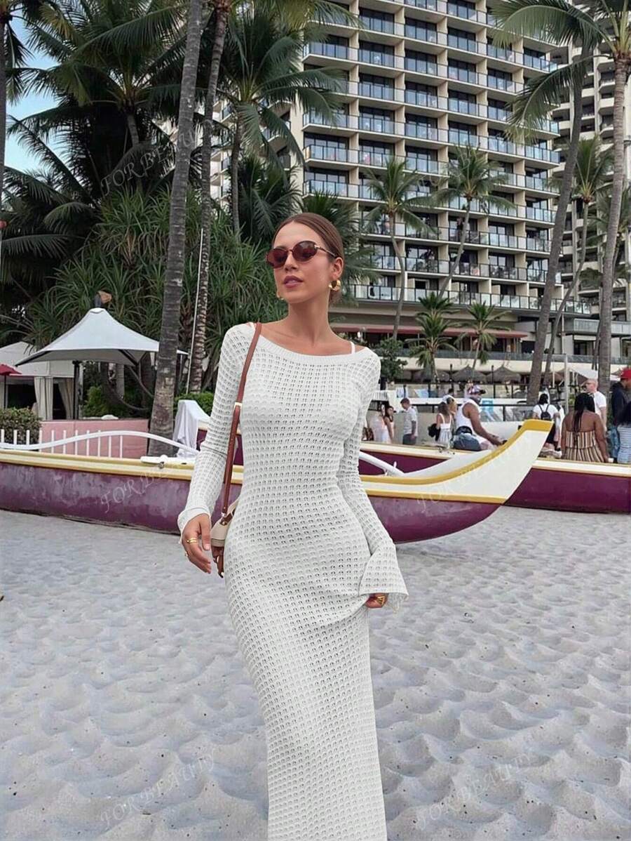 PARA BELEZA Vestido feminino primavera e verão, novo, bege, cor sólida, slim fit, sexy, sem costas, simples e atmosférico, de malha, manga comprida, lua de mel, casamento, temporada, praia, férias, estilo, transparente, vazado