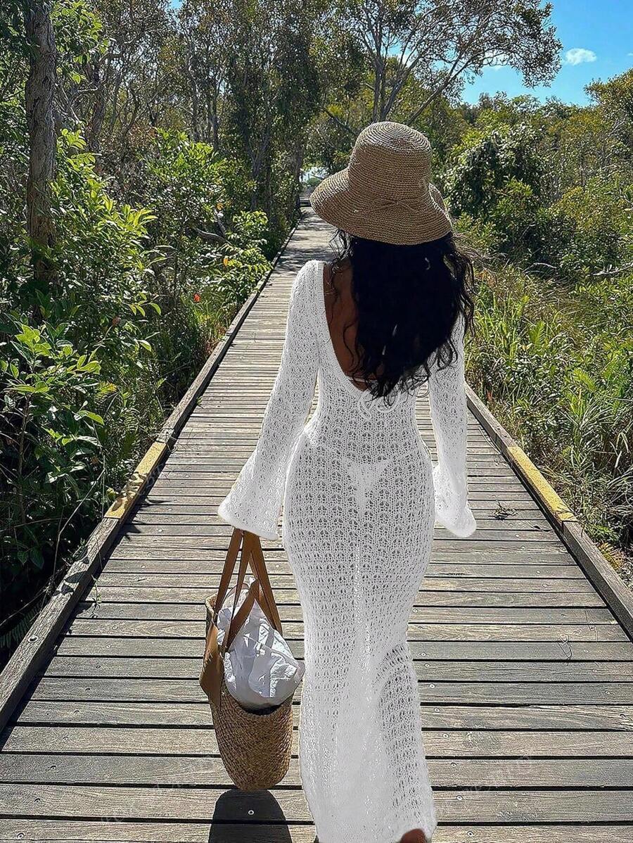 PARA BELEZA Vestido feminino primavera e verão, novo, bege, cor sólida, slim fit, sexy, sem costas, simples e atmosférico, de malha, manga comprida, lua de mel, casamento, temporada, praia, férias, estilo, transparente, vazado