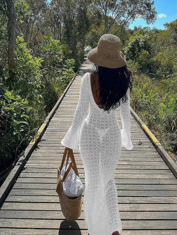 PARA BELEZA Vestido feminino primavera e verão, novo, bege, cor sólida, slim fit, sexy, sem costas, simples e atmosférico, de malha, manga comprida, lua de mel, casamento, temporada, praia, férias, estilo, transparente, vazado